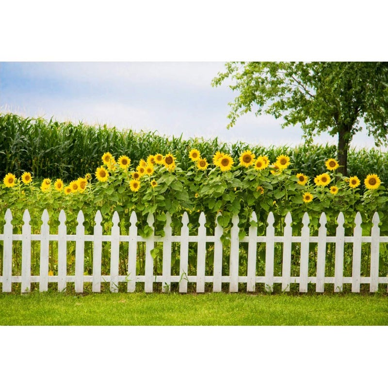 Leyiyi Spring Natural Scenery Backdrop 10x8ft Photography Backdrop Blossoming Yellow Sunflowers Tall Lush Tree White Wooden Textured Fence Family Children Baby Girl Personal Portraits Studio Props - Image 1